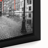Extra large framed canvas depicting a black textured art scene of Amsterdam with vibrant colorful accents.