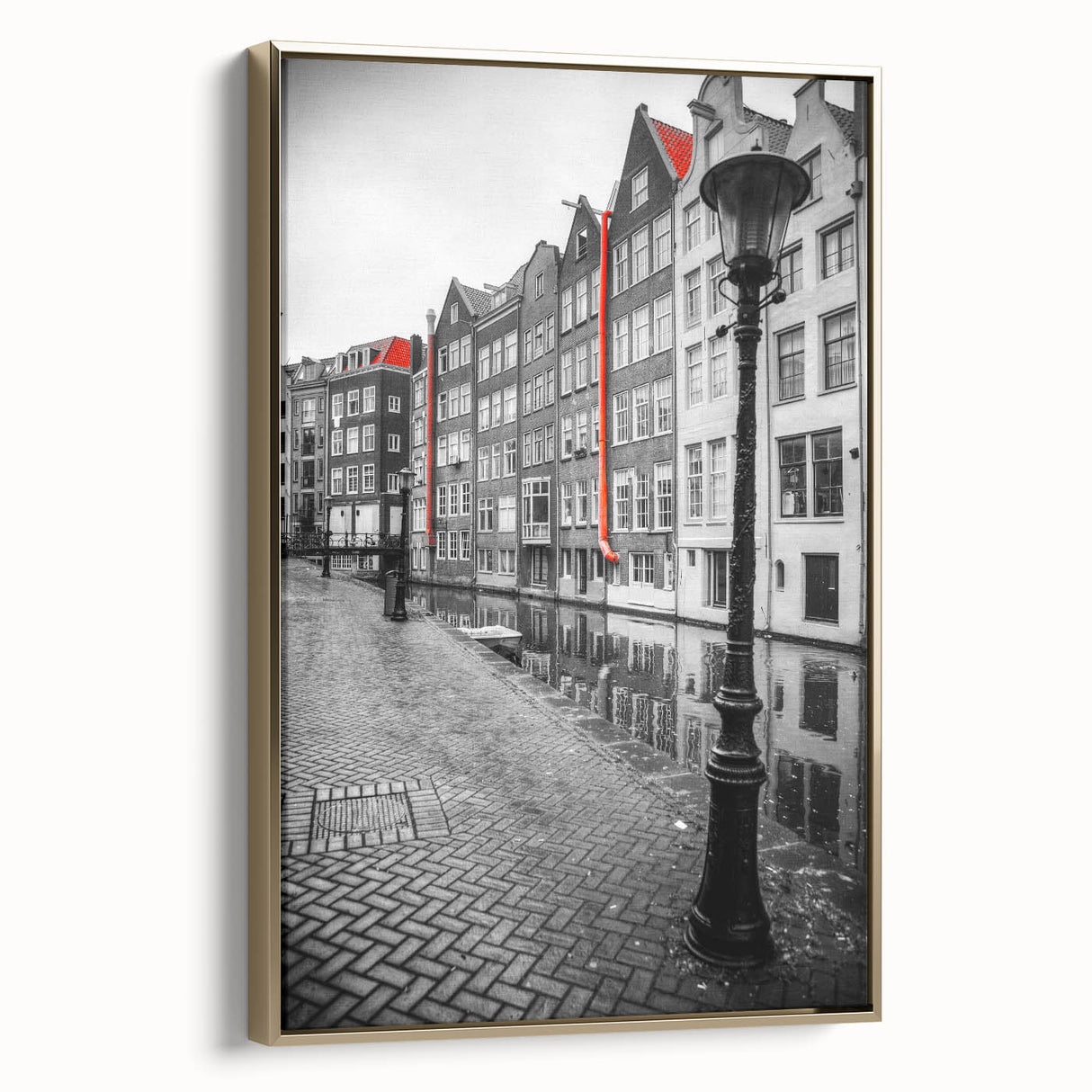 Framed canvas of Amsterdam landscape in muted gold tones, ideal for bedroom wall art.