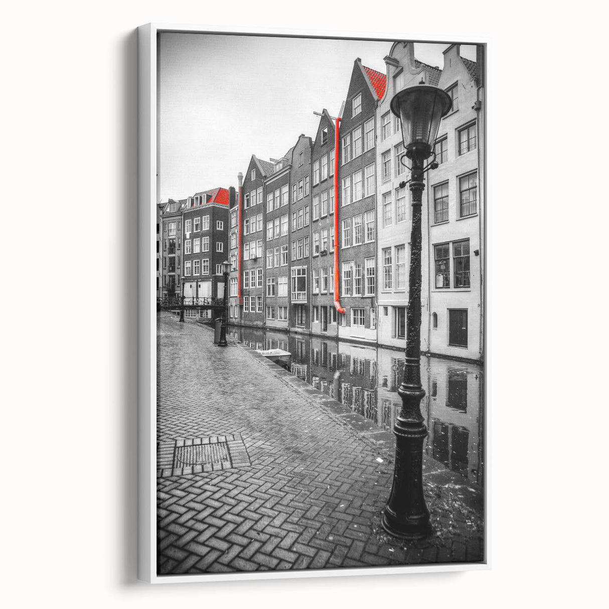 Vintage poster art of Amsterdam with colorful buildings on black background, framed canvas, ideal for living room.