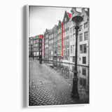 Vintage poster art of Amsterdam with colorful buildings on black background, framed canvas, ideal for living room.