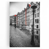Black and white large canvas print of Amsterdam canal, ideal for kitchen wall art or bedroom.