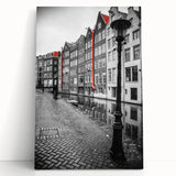 Black and white large art print of Amsterdam canals on stretched canvas, ideal for kitchen wall art.