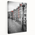 Amsterdam canal scene in muted earth tones on a large stretched canvas, suitable for kitchen wall art.