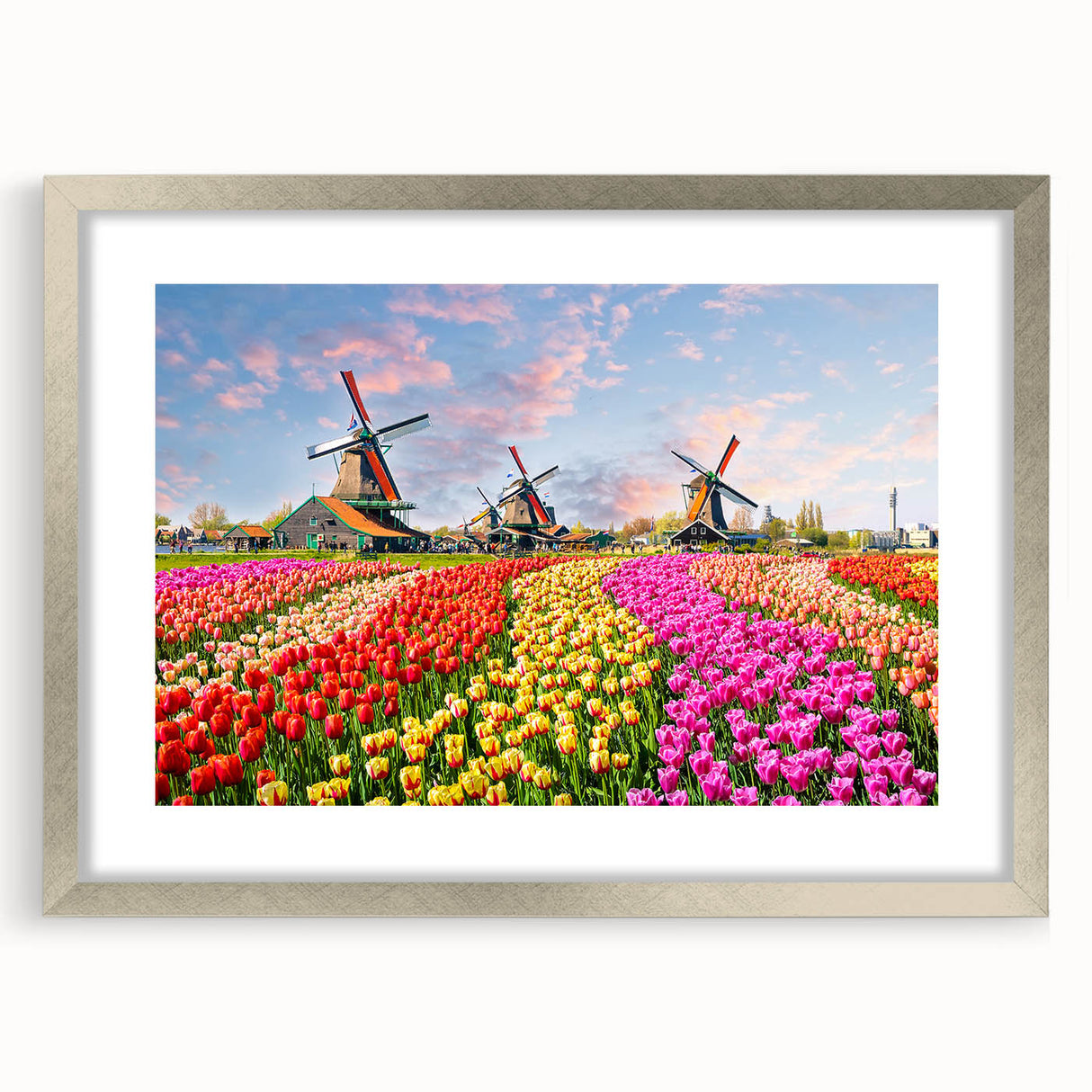 Extra large abstract art print featuring a textured European scenery in muted earth tones, framed in silver.