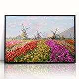 Large abstract wall art depicting a European scenery in muted earth tones on a framed acrylic.