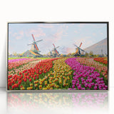 Large art print of a European scenery in the Netherlands, featuring a mid-century modernist style on silver-framed acrylic.