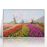 Mid-century modernist art depicting a serene European landscape in muted colors on framed acrylic.