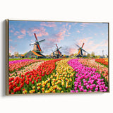 Framed canvas depicting a vintage-style landscape of the Netherlands in muted gold and black, ideal for bedroom wall art.