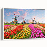 Extra large vintage poster art of a colorful European scenery on a framed canvas, ideal for living room decor.