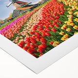 Art deco poster of a serene Netherlands landscape in muted green and blue, rolled canvas, suitable for dining room decor.