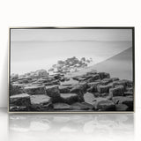 Acrylic print of a Northern Ireland landscape in muted greens and blues, framed in silver.