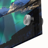 Large abstract wall art depicting a Norwegian fjord in muted blue and green tones on acrylic glass.