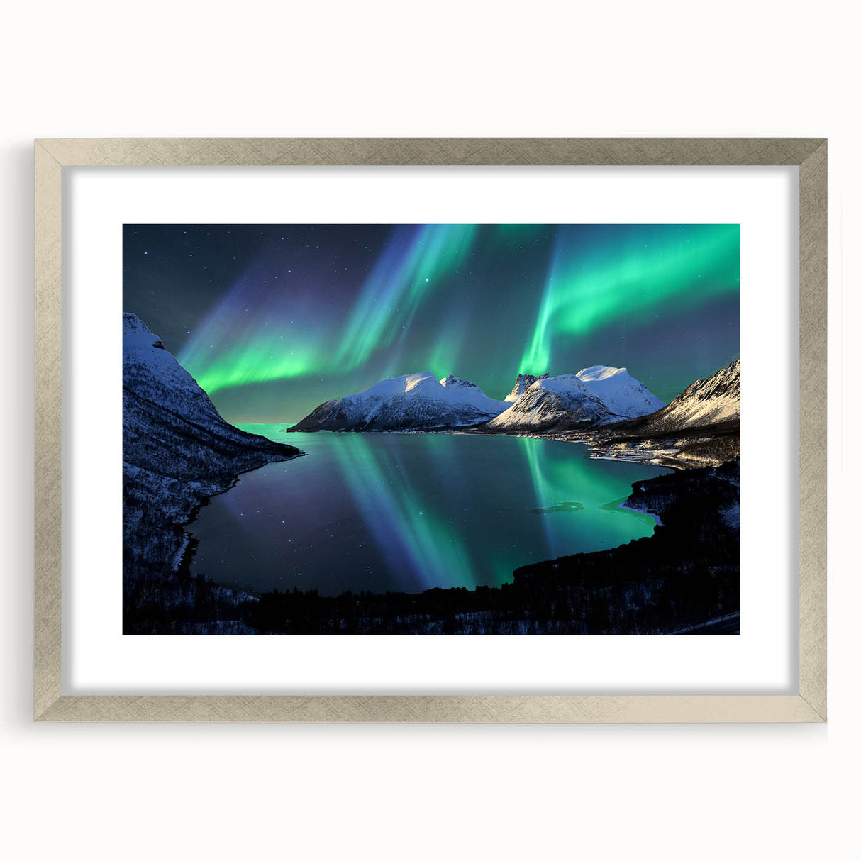 Extra large abstract art print of a textured Norwegian landscape in muted earth tones, framed in silver.