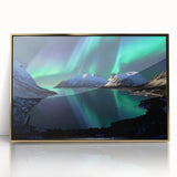 Art deco poster of a Norwegian landscape in muted gold tones on acrylic, ideal for modern art wall decor.