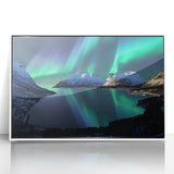 Mid-century modernist art depicting a serene Norwegian landscape, in muted earth tones on a white framed acrylic.