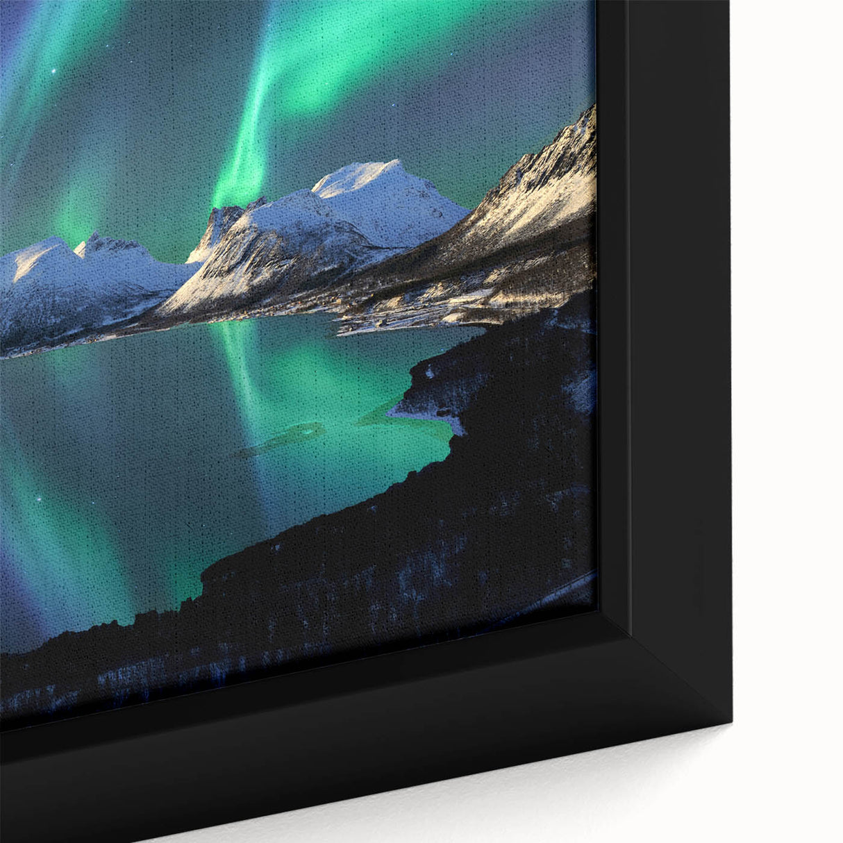 Extra large framed canvas depicting a textured Norwegian landscape in black with vibrant, colorful accents.