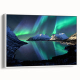 Vintage poster art of a scenic Norway landscape in vibrant colors on a framed canvas, ideal for living room decor.