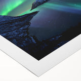 Art deco poster of a serene Norwegian landscape on rolled canvas, featuring cool blue and green tones.