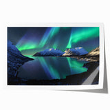 Rolled print of a serene Norwegian landscape, featuring lush greenery and a tranquil lake, ideal for dining room wall art.