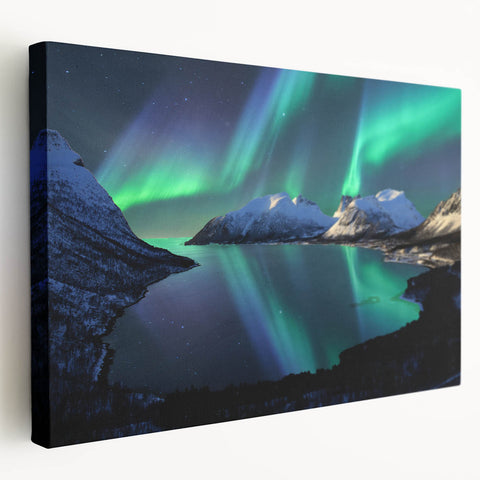 Scenic Norway landscape on large stretched canvas, featuring cool blue and green tones, ideal for kitchen wall art.