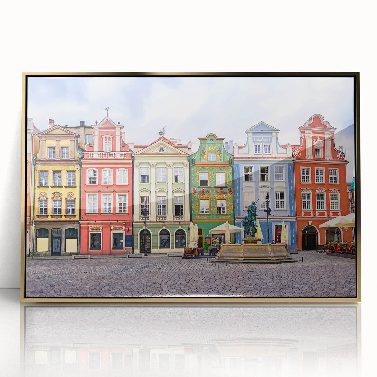 Art Deco poster of a European cityscape in gold and black tones, framed acrylic, ideal for modern art wall decor.