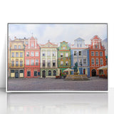 Mid-century modernist art depicting a serene Polish landscape in soft pastel shades.