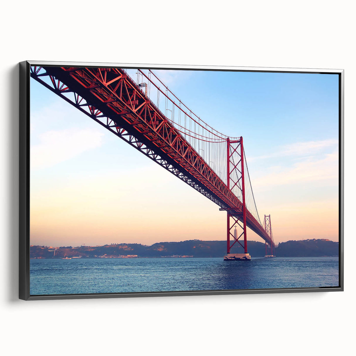 Black and white framed canvas of Lisbon landscape, ideal for bedroom wall art in a vintage poster style.