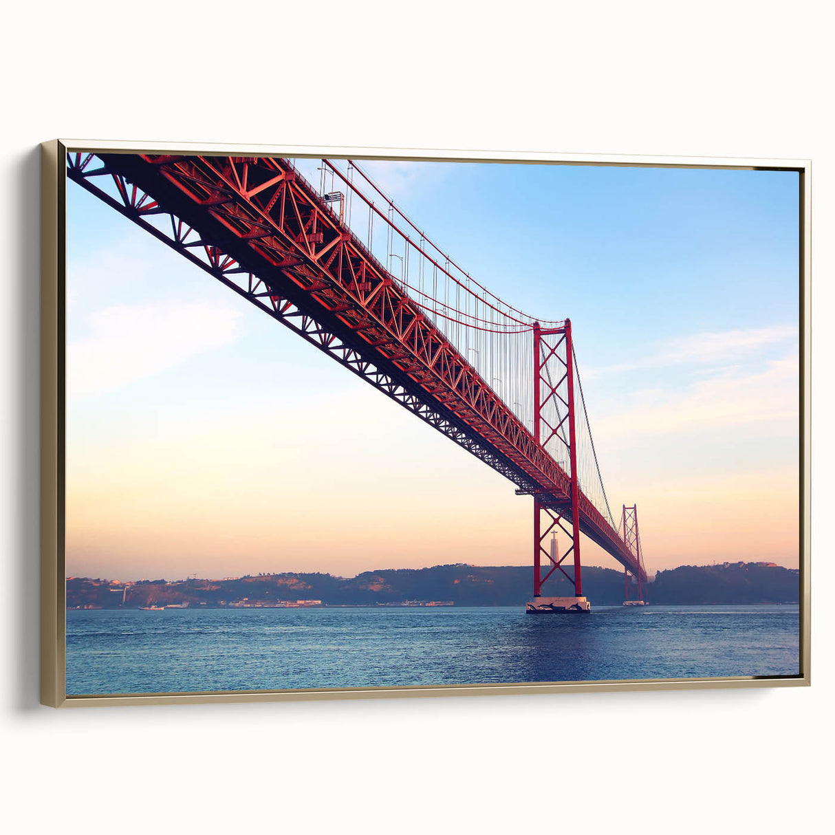 Framed canvas of a vintage-style Lisbon landscape in black and gold tones, ideal for bedroom wall art.