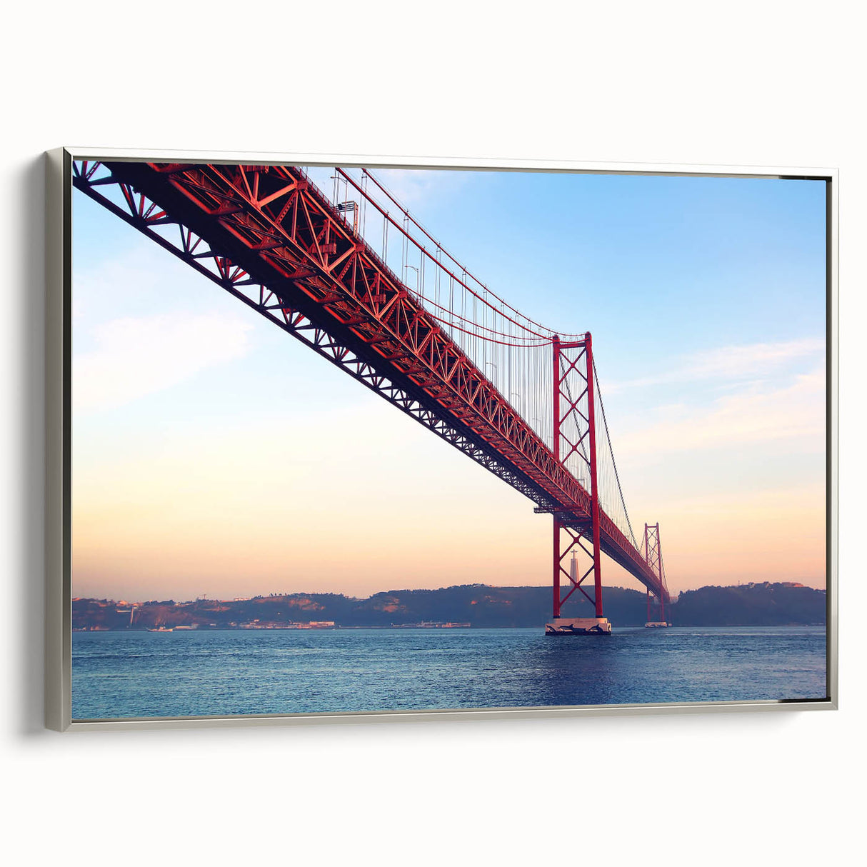 Lisbon landscape art painting on framed canvas, featuring colorful vintage poster art style, ideal for living room decor.