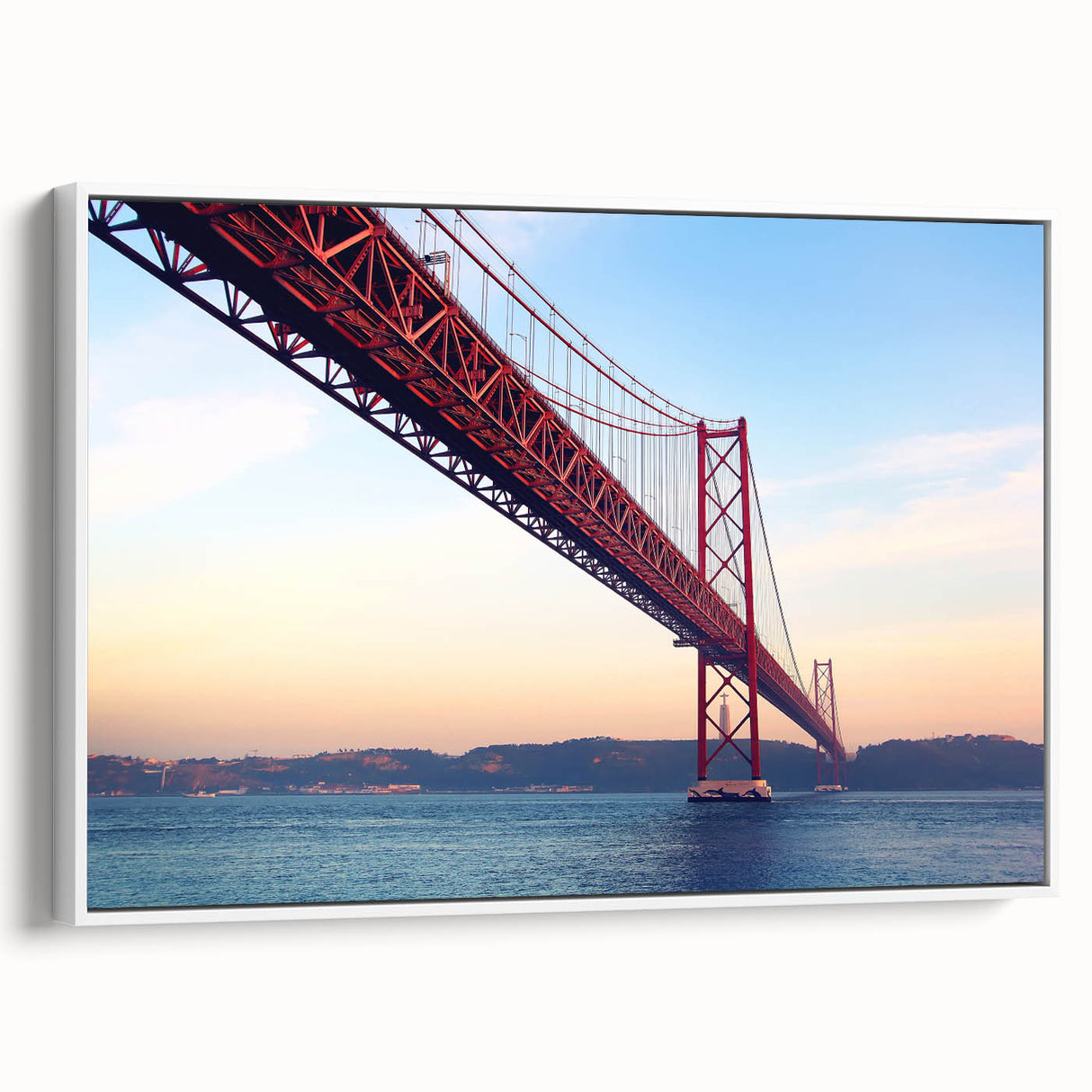 Vintage poster art of Lisbon scenery on a framed canvas with colorful imagery, ideal for living room decor.
