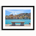 Colorful abstract art print of Porto's landscape in vibrant hues on a large textured canvas, framed in black.