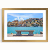 Abstract art print of Porto scenery in muted gold and blue tones on a framed canvas, suitable for dining room decor.