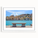 Textured abstract art print of Porto scenery in muted earth tones, framed with a white mat, suitable for bedroom decor.