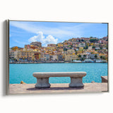 Framed canvas featuring a vintage-style landscape painting of Porto, Portugal in colorful hues, ideal for living room decor.