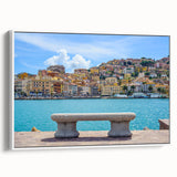 Vintage poster art featuring colorful Porto scenery on framed canvas, ideal for living room decor.