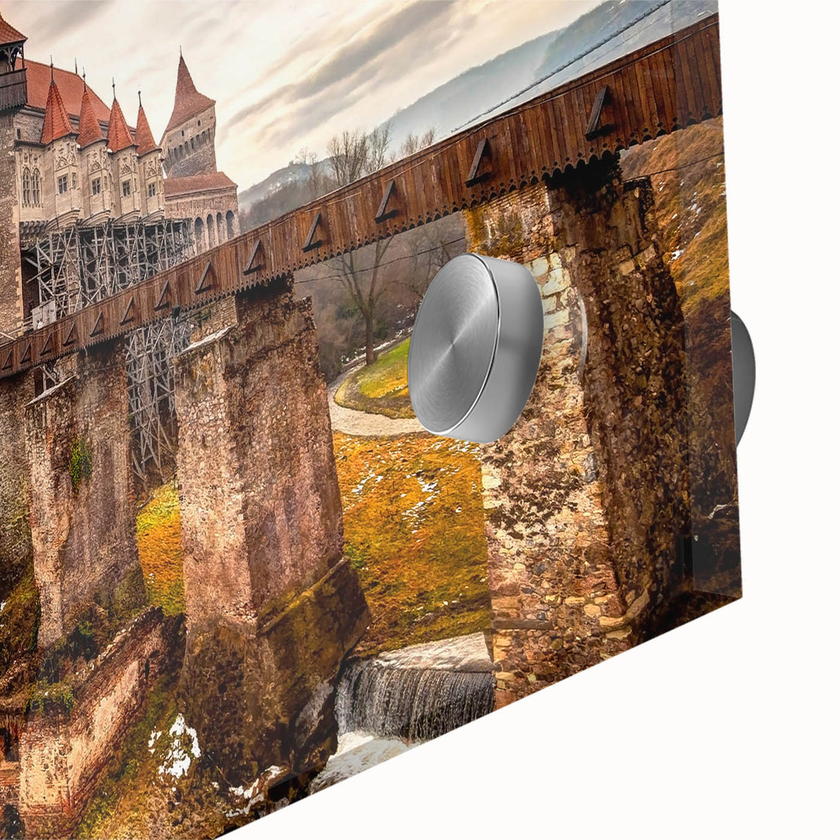 Large abstract wall art featuring a Romanian landscape in muted earth tones on acrylic glass, suitable for dining room decor.