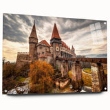 Large abstract wall art of a European scenery in Romania, featuring muted earth tones on acrylic glass.
