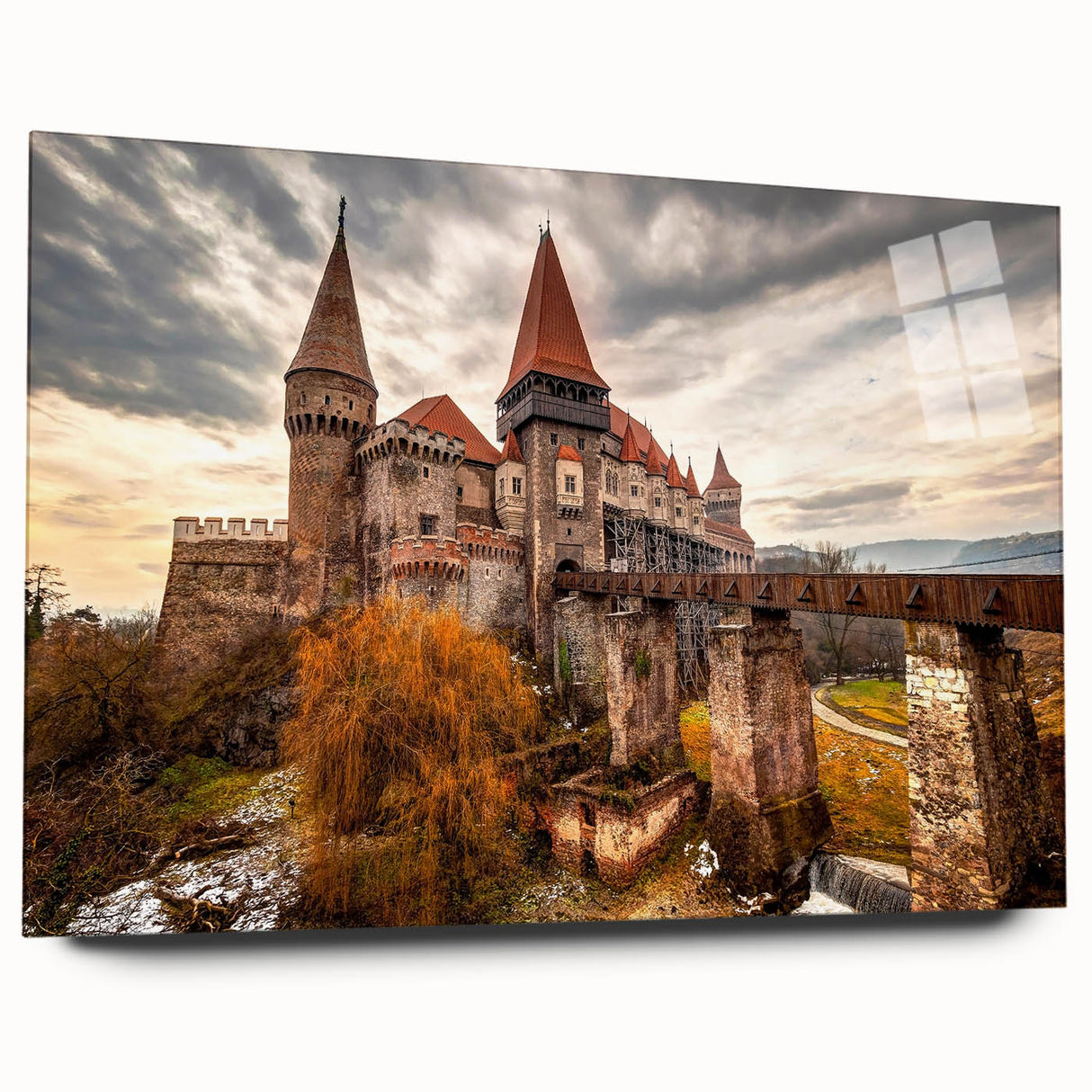 Large abstract wall art depicting a serene Romanian landscape in muted earth tones, printed on acrylic glass.