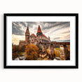Extra large abstract art print of a colorful, textured European scenery on a black framed canvas.