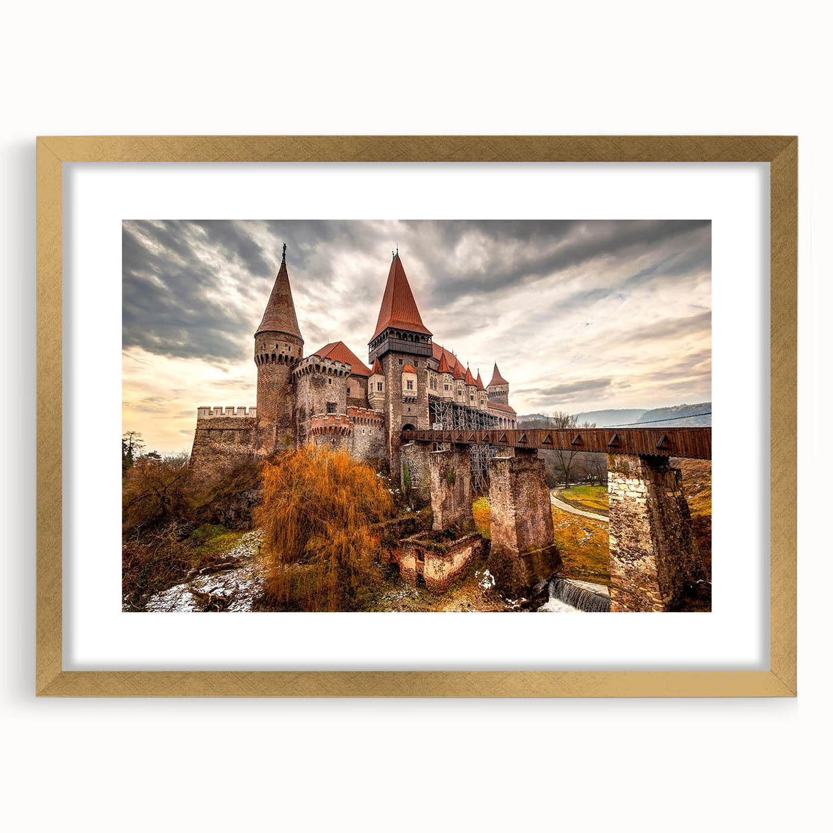 Abstract art print of a European landscape in muted earth tones on a framed canvas, suitable for dining room decor.
