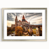 Extra large abstract art print of a textured European scenery in muted earth tones, framed in silver.