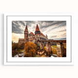 Textured abstract art print of a European landscape in muted earth tones, framed with white mat, suitable for bedroom decor.