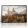 Large abstract wall art depicting a European Romanian scenery in muted earth tones, framed in black acrylic.