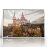 Mid-century modernist art depicting a serene Romanian landscape in muted green and blue tones, framed acrylic print.