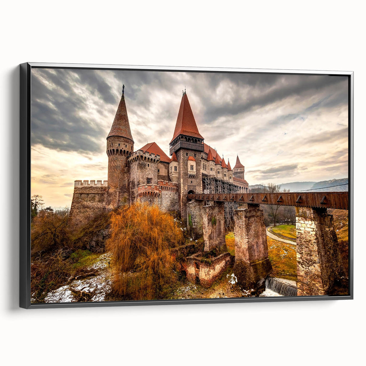 Black and white landscape art painting of a Romanian scenery on framed canvas, ideal for bedroom wall decor.