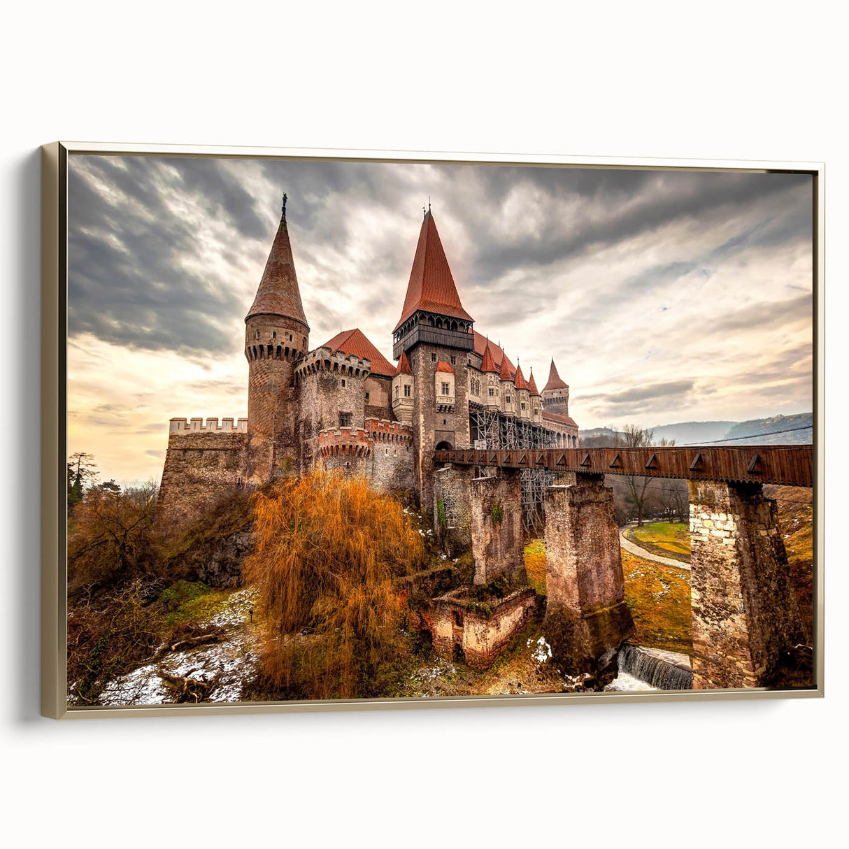 Framed canvas depicting a vintage-style Romanian landscape in muted gold and black tones, ideal for bedroom wall art.