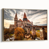 Framed canvas depicting a vintage-style Romanian landscape in muted gold and black tones, ideal for bedroom wall art.