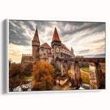 Extra large framed canvas of vintage poster art depicting colorful Romanian scenery, ideal for living room decor.