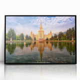 Large abstract wall art depicting a stylized Moscow skyline in muted gray tones on a framed acrylic panel.