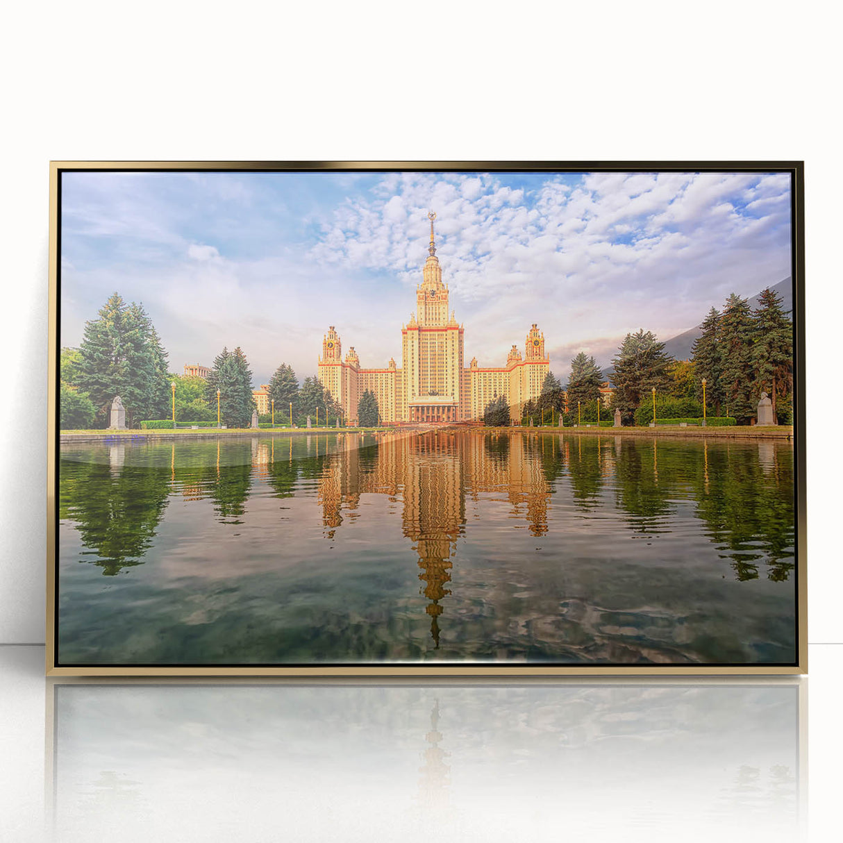 Art deco poster of Moscow skyline in gold and black tones on acrylic, suitable for modern art wall decor.